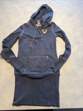 True Religion Navy Blue Hoodie Dress with Gold Logo